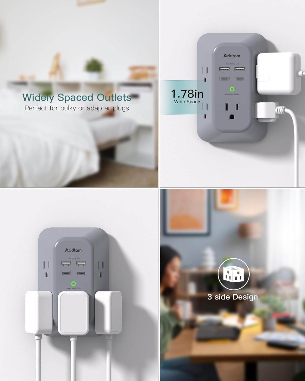JJEAN-Surge Protector Outlet Extender, Multi Plug Wall Outlet with 4 USB Ports(PD 20W), 3-Sided 1800J Power Strip Plug Extension Outlet Splitter, Gray