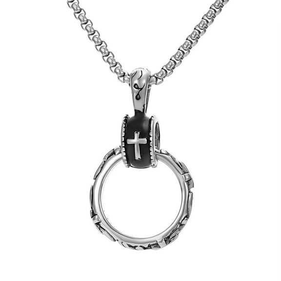 HIJONES Men's Stainless Steel Eternal Cross Engraved Ring Pendant Necklace Charm Gothic Biker Necklace Silver