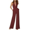 thumbnail image 1 of Mono sexy de color liso con cuello halter y bolsillos para mujer - Poliéster, manga corta, informal para fiesta - S-XXL, 1 of 4