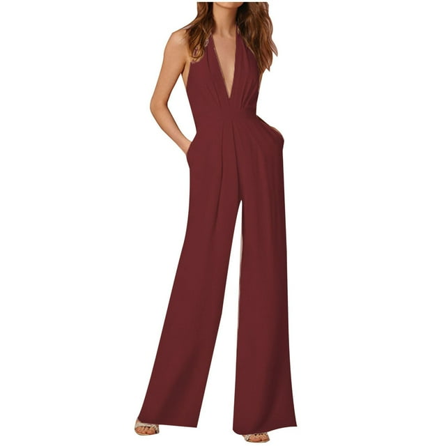 Mono sexy de color liso con cuello halter y bolsillos para mujer - Poliéster, manga corta, informal para fiesta - S-XXL