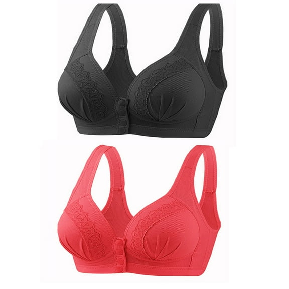 YWDJ Bras for Women Push up and Padded 2 Pack Front Close Comfortable Bras No Wire Sleep Bras Wide Strap Full Coverage Bras Wrap Comfy Bras Padded Plus Size Comfort Solid Lounge Bras Red M