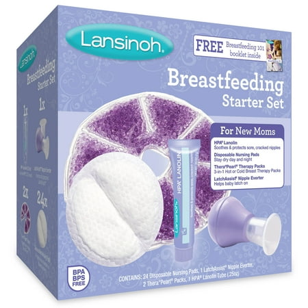 Contoured Disposable Breast Pads - Lansinoh Breastfeeding Starter Set, Contains: 24 disposable Nursing Pads, 1 LatchAssist® Nipple Everter, 2 TheraPearl® Packs, 1 HPA® Lanolin Tube 0.25 oz.