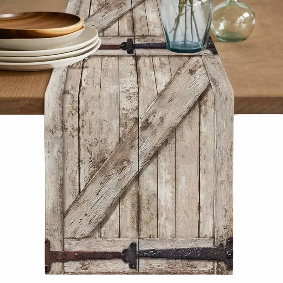 Farmhouse Wood Grain Table Runner, Vintage Country Barn Gate Brown Washable Cotton Linen Table Runners 70 Inches Long, Dresser Scarf Runner for Dining/Kitchen/Coffee/TV Stands/Cabinets 13''x70''