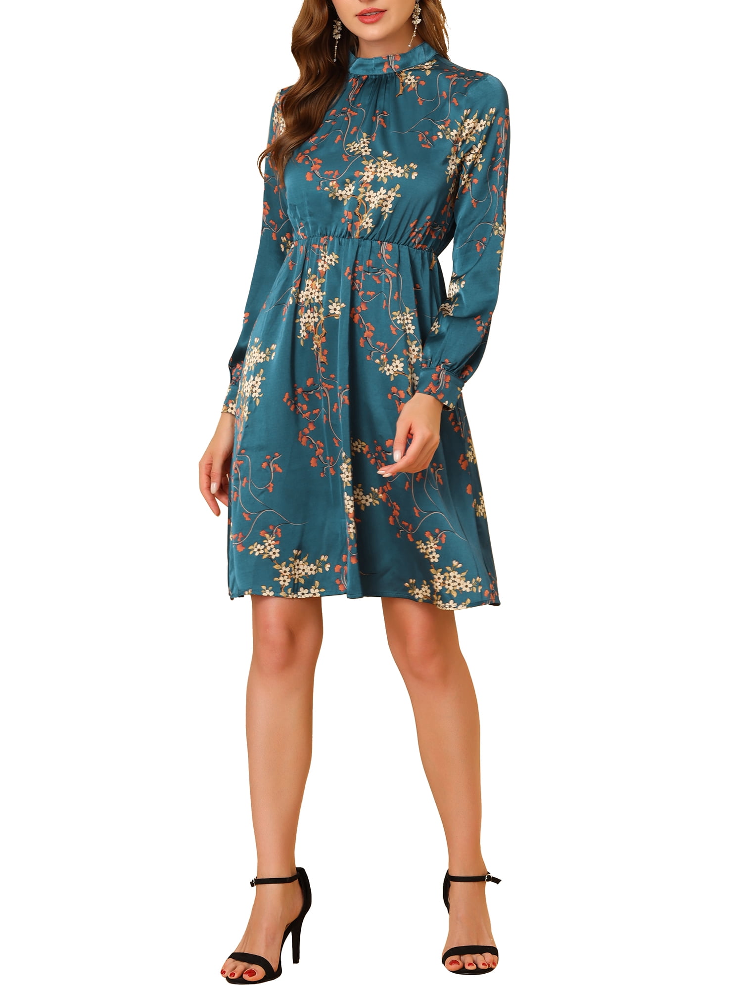 DARING DIVA Floral Print Long Sleeve Tie Waist A-line Dress M Satin Peacock Blue