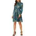 thumbnail image 6 of INSPIRE CHIC Women's Floral Dress Mock Neck Long Sleeve Tie Waist Knee Length Boho Dress M Satin Peacock Blue, 6 of 8