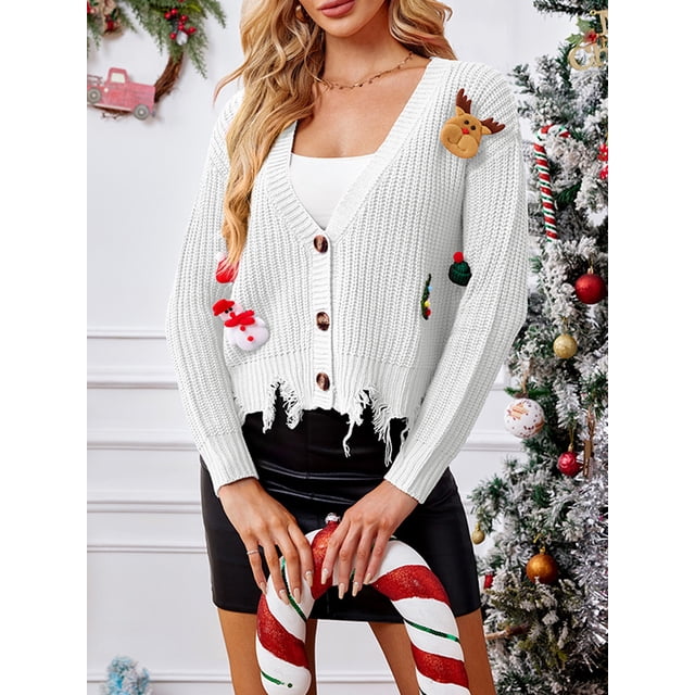 Cárdigan de punto navideño para mujer, bonito suéter con cuello en V y botones de manga larga con reno y muñeco de nieve en 3D, prendas de punto holgadas para otoño 2025