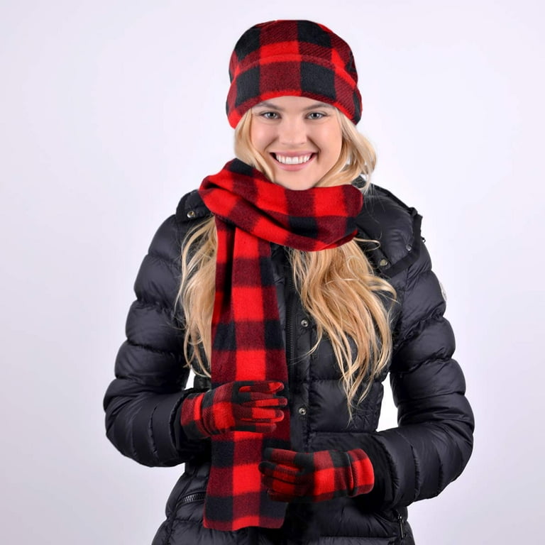 Nollia Women s Winter Fleece Winter Set Polyester Fleece Hat Gloves and Scarf Set for Cold Weather Red Black Plaid Size One Size