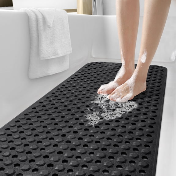 PABUBE Shower Mat for Bathtub, Quick Dry Bathtub Mat 16"x 39", Bath Mat for Tub with Powerful Suction Cup & Drain Holes , Soft On Feet, Non-Slip Machine Washable Tub Mat, Easy to Cut, Black
