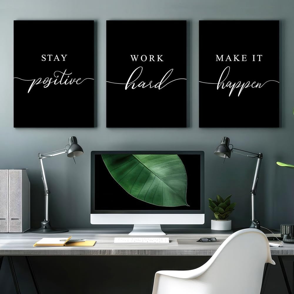 GUBIYU Motivational Wall Art Office Decor 3 PCS Positive Quotes Wall Decor for Office Stay Positive Work Hard Make It Happen Wall Art Office Pictures Inspirational Posters Black Art Wall Decor 12"x16"