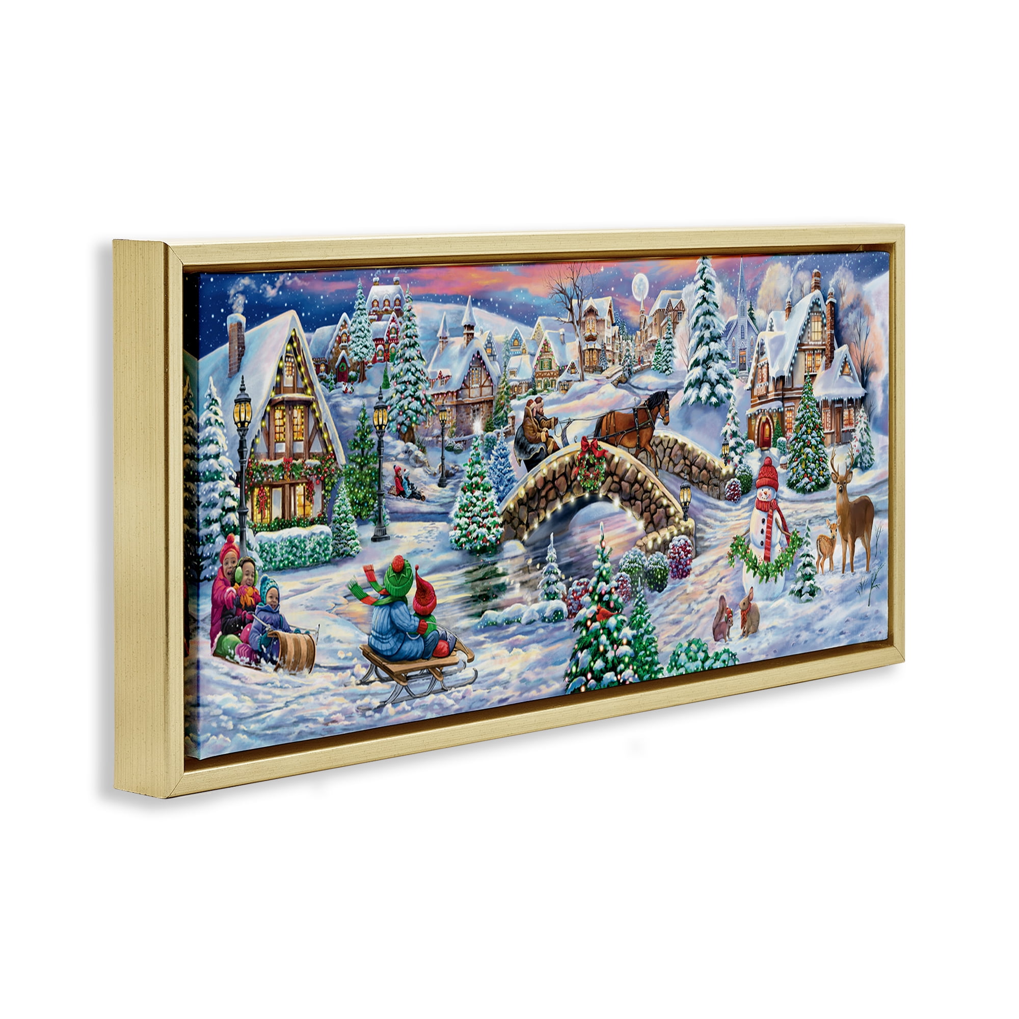Stupell Industries Snowy Winter Townscape Holiday Painting Gold Floater Framed Canvas Art Prints Wall Art, 31 x 14