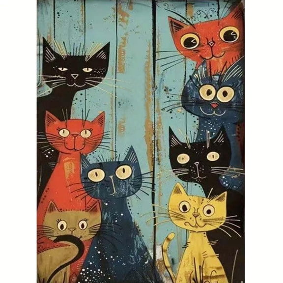 Vintage Cat 5D Diamond Painting, Full Drill DIY Diamond Art Kit for Beginners, Colorful Cartoon Cats Diamond Embroidery, Home Wall Art Decor