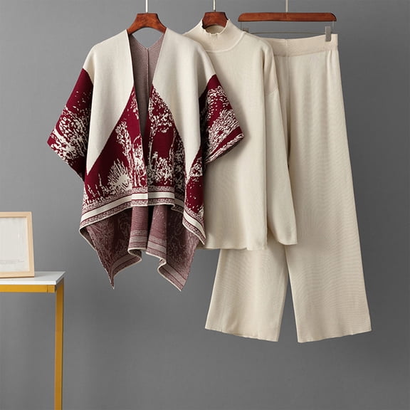 Heisall Women's 3 Piece Lounge Sets Patchwork Cardigan Long Sleeve Tops and Wide Leg Pants Winter Casual Outfits