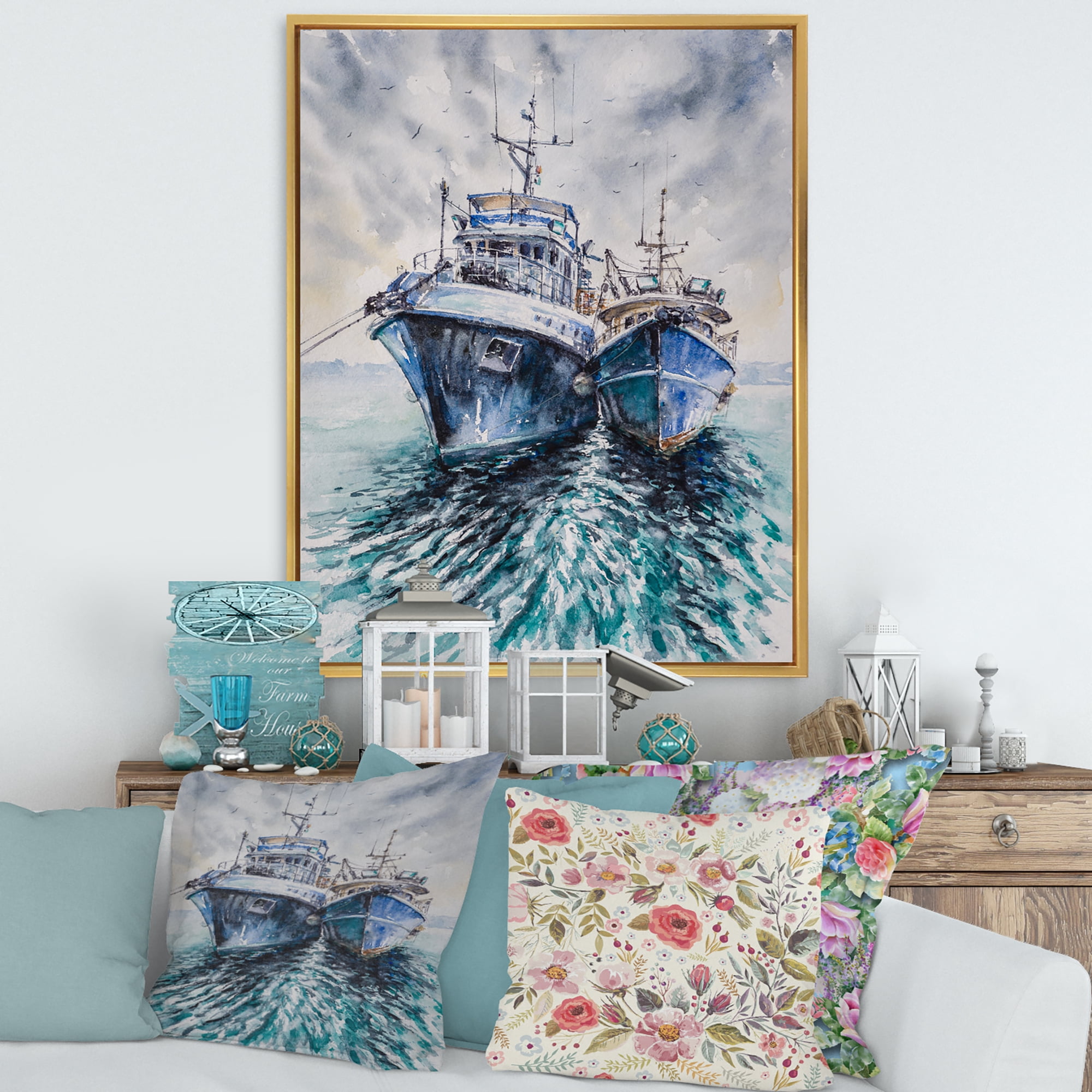 Designart 'Blue Fishing Boats Before A Storm Anchored' Nautical & Coastal Framed Canvas Wall Art Print