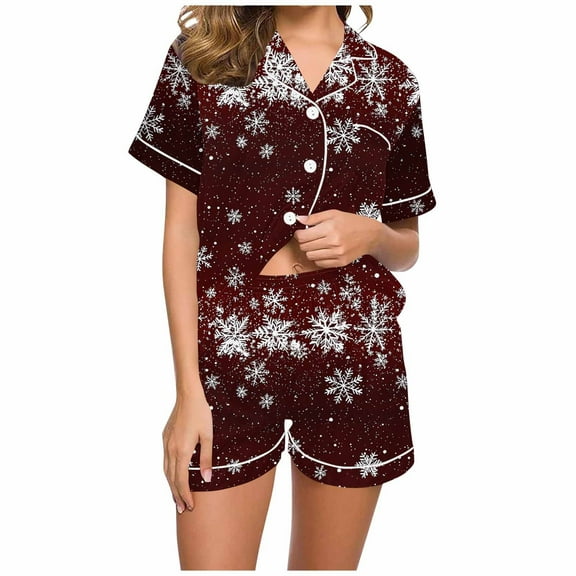 asdoklhq Cotton Pajamas for Women Women Christmas Printed Stand Up Collar Pocket Short Sleeved Top Shorts Home Wear Pajama Set Red 2X