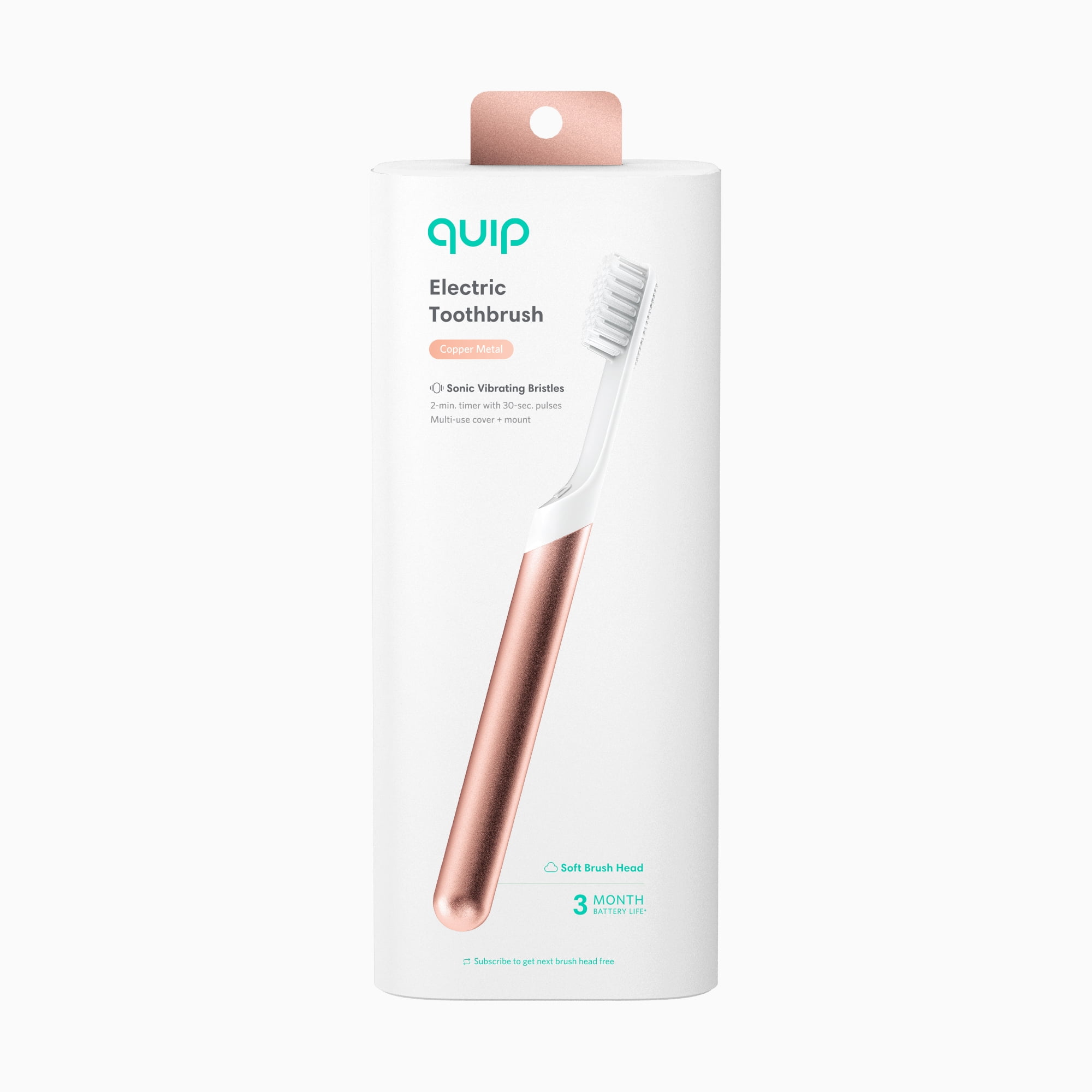 Quip Adult Electric Toothbrush Full Head, Built-in Timer + Travel Case, Copper Metal