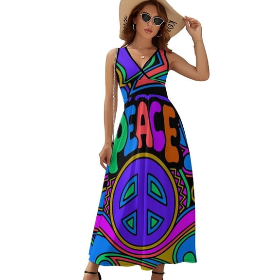 Peace And Love Flowers And Stars Hippie Design Womens Night Club Maxi Dress V Neck Sleeveless Bohemia Long Dresses