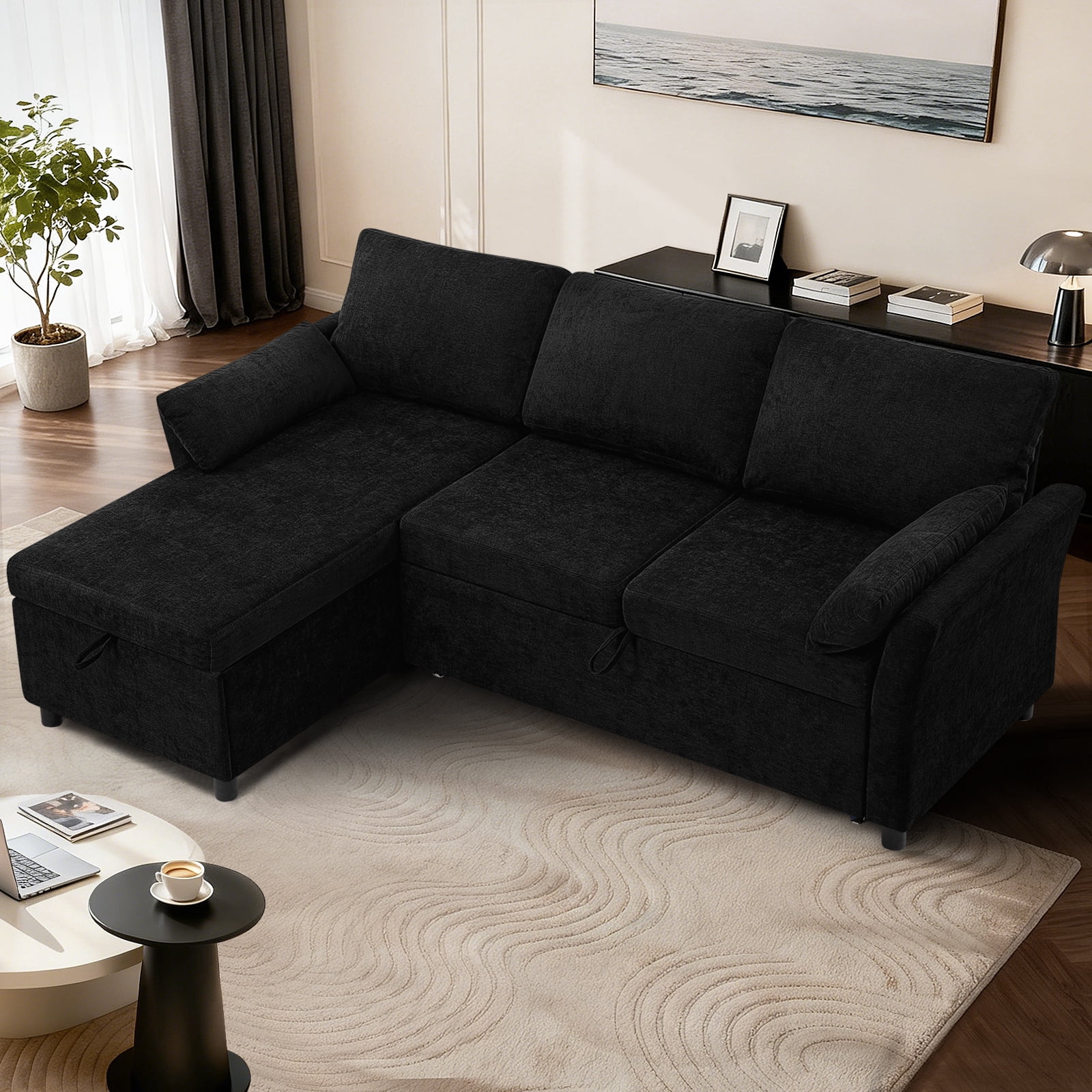 ACMEASE 83 Inches Fabric Sectional Sofa with Pull Out Sofa Bed, Modern L Shaped Sofa with Throw Pillows, Comfortable Sleeper Couch with Storage Chaise for Living Room, Black