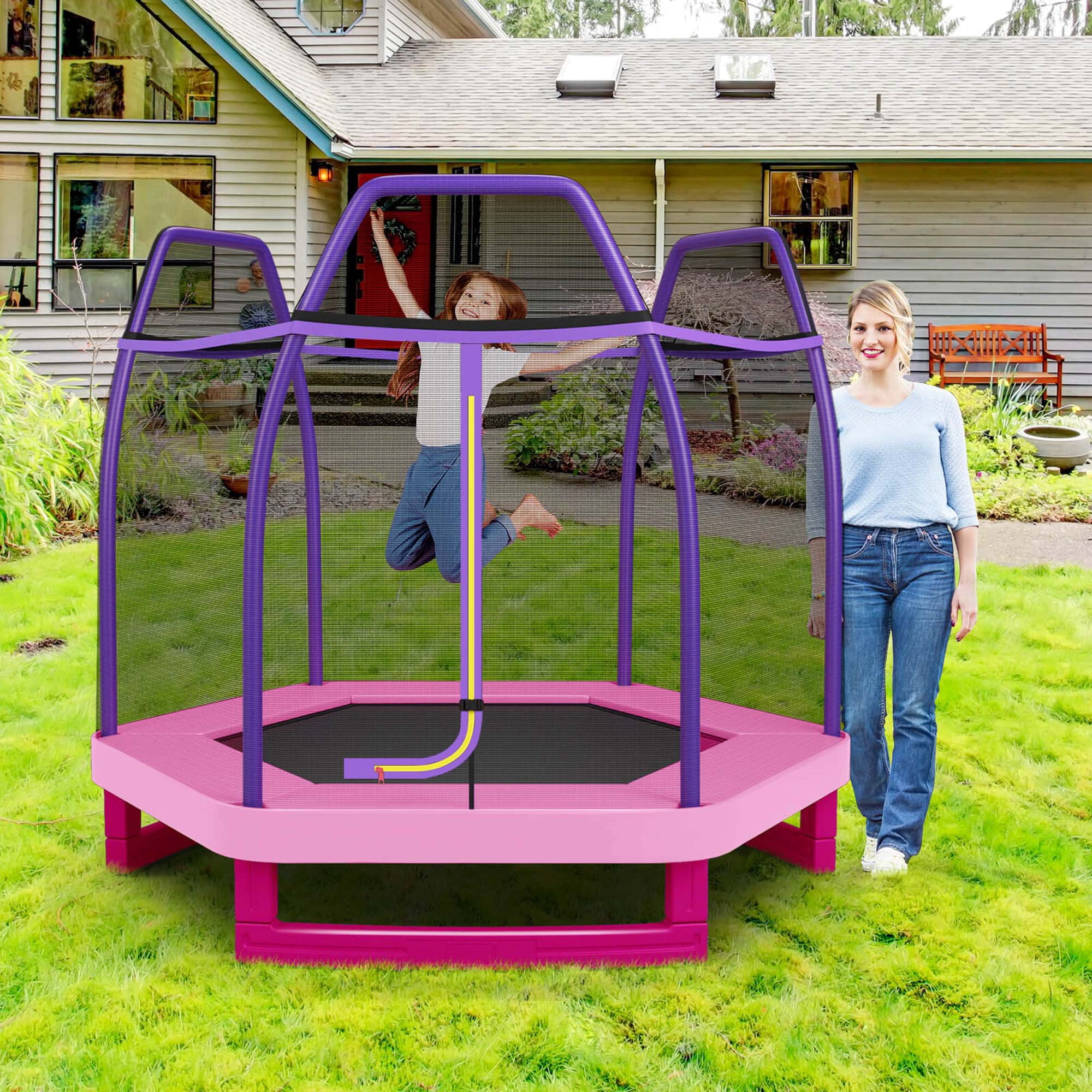Costway 7 FT Kids Trampoline with Safety Enclosure Net Spring Pad & Jumping Mat for Kids Pink