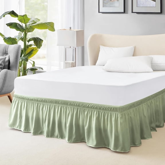 AUQ Full Size Elastic Bed Skirt 15 Inch Drop, Sage Green Wrap Around Dust Ruffle, Easy Fit Stretch Mattress Cover for Bedroom Decor