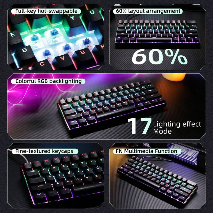 KL61 Wired 60% Mechanical Gaming Keyboard RGB Backlit 61 Keys Ultra-Compact With Hot Swappable Blue/Red Switch