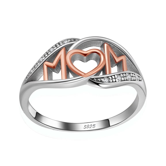 Mom Heart Ring White and Rose Gold Plated Sterling Silver Womens Ginger Lyne Collection