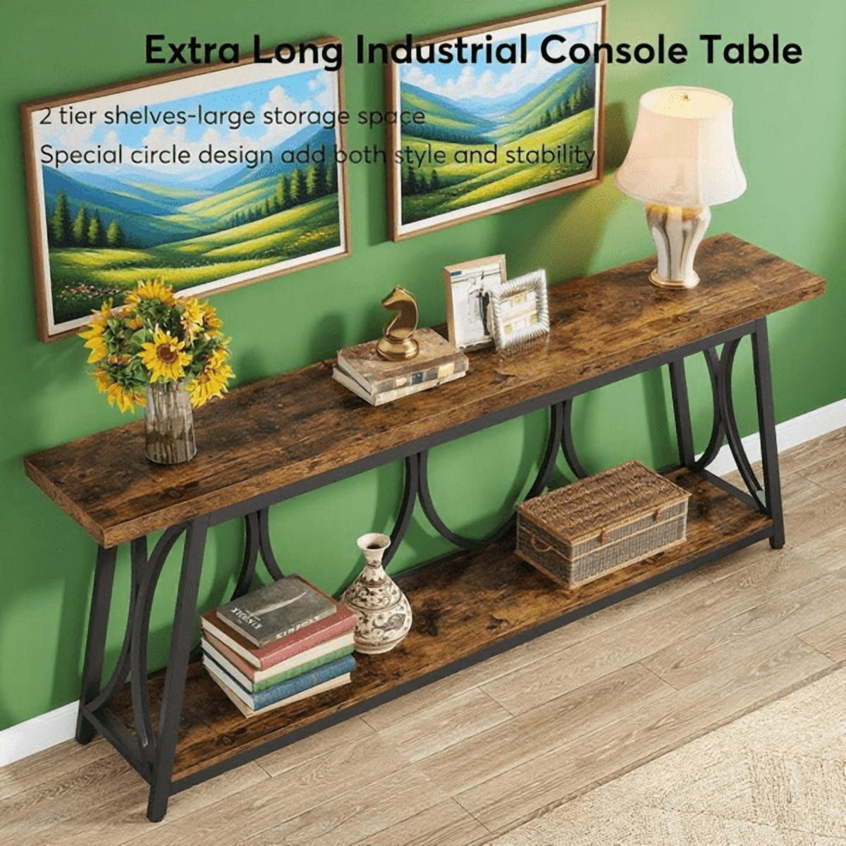 70.9" Vintage Rustic Console Table - Wood & Black Metal, 1.57" Particle Board with Bottom Shelf, 230lb Capacity for Living Room, Entryway, Behind Couch, Hallway