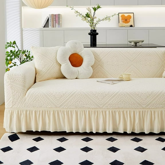 suxuMhao Skirt Style Sofa Cover for Couch, Stretch Sofa Covers Washable, Non Slip Scratch Resistant 2 Seater Couch Cover, Loveseat Size Slipcovers Fit 57-72.83 Inches, Off White,1 Piece, Style 4
