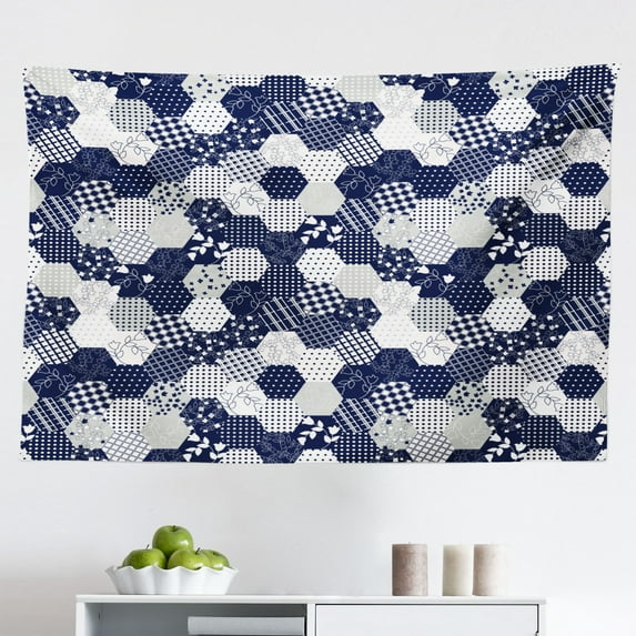 Navy Blue Tapestry, Floral and Point Design with Green Round Abstract Pattern Print, Fabric Wall Hanging Decor for Bedroom Living Room Dorm, 2 Sizes, Navy Green and White, by Ambesonne