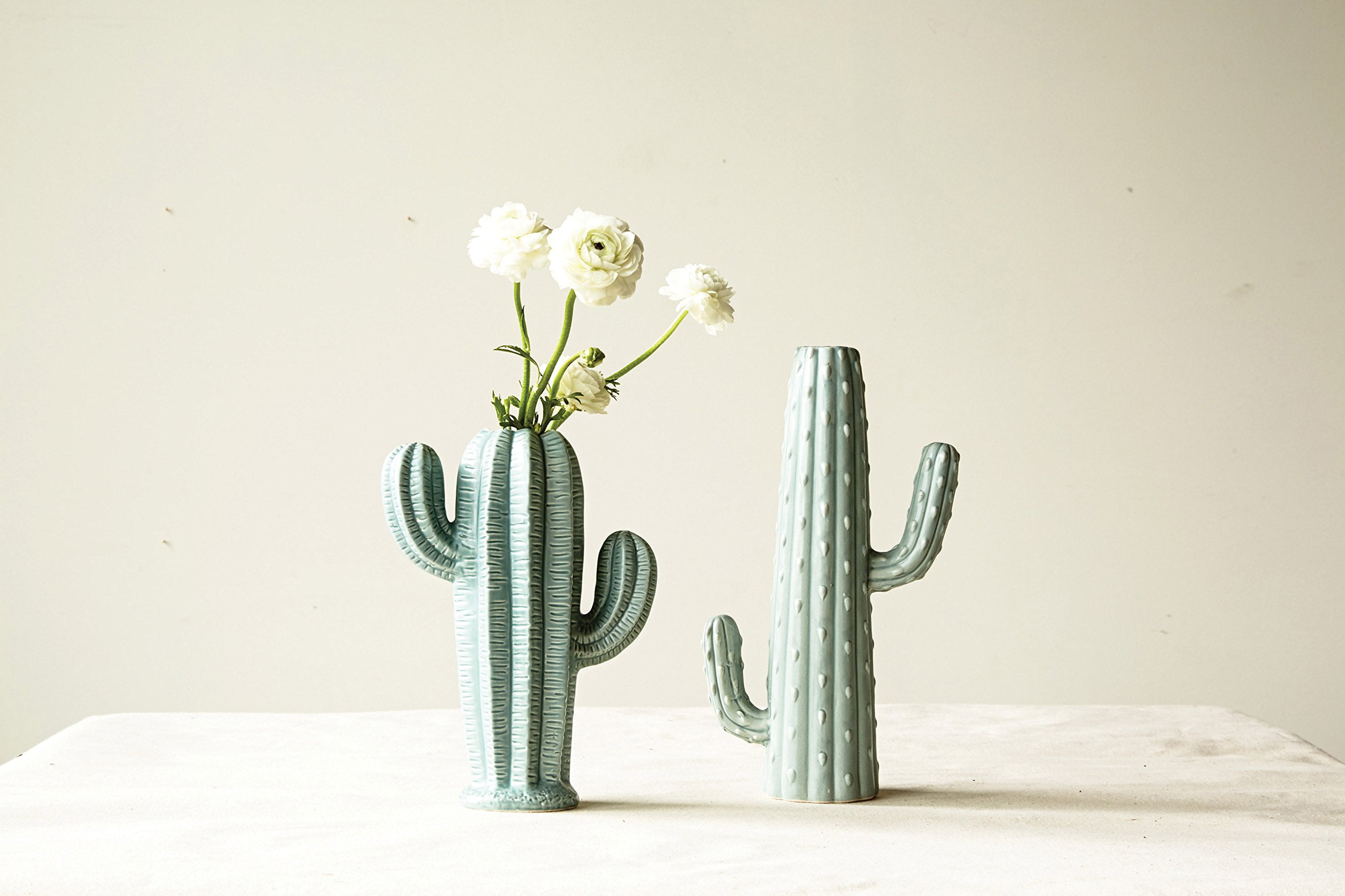 Creative Co-op Large Stoneware Cactus Shaped Vase with Matte Aqua Glaze 
