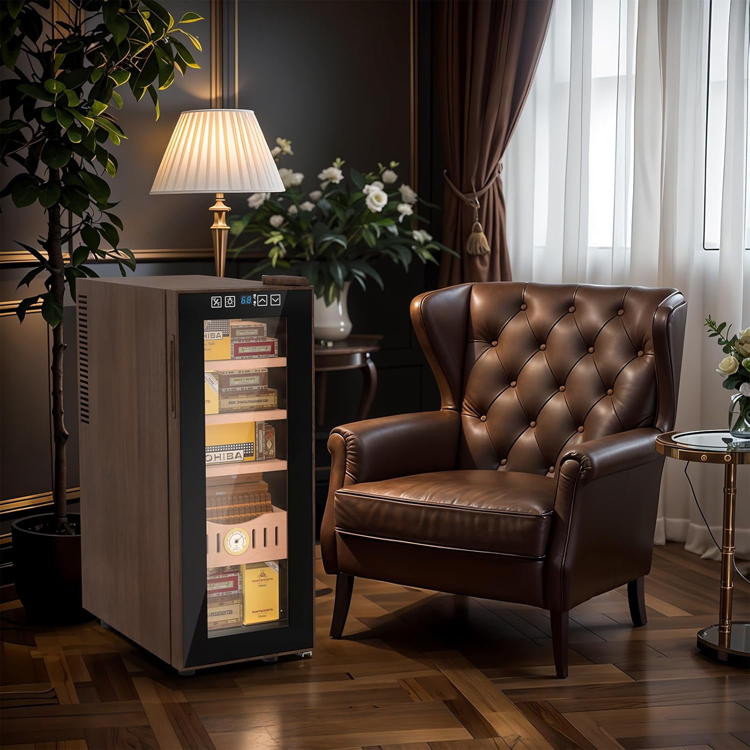 35L Dual-Zone Thermostatic Cabinet & Beverage Cooler - Cooling & Heating Electric Fridge with Wood Grain Finish, Built-in Hygrometer - Ideal Gift for Men, Wine, Cigar, and Skincare Storage
