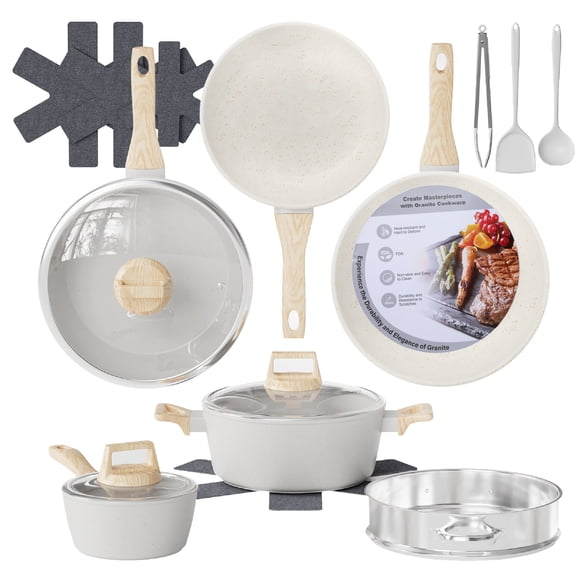 Furnibear 16pcs Nonstick Pots and Pans Set, Ceramic Cookware Set with Steamer and Cooking Utensils, for RV and Camping White