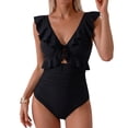thumbnail image 3 of IYYVV One Piece Swimsuit for Women Tummy Control Ruffle Bathing Suit V Neck Ruched Swim Suit Slimming Cutout Swimwear Black 2XL, 3 of 6