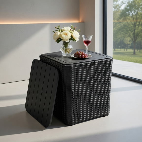 Resenkos Outdoor Resin Storage Side Table with Removable Lid and Wicker-woven Accent-Black, Modern Coffee Table for Living Room Office Reception