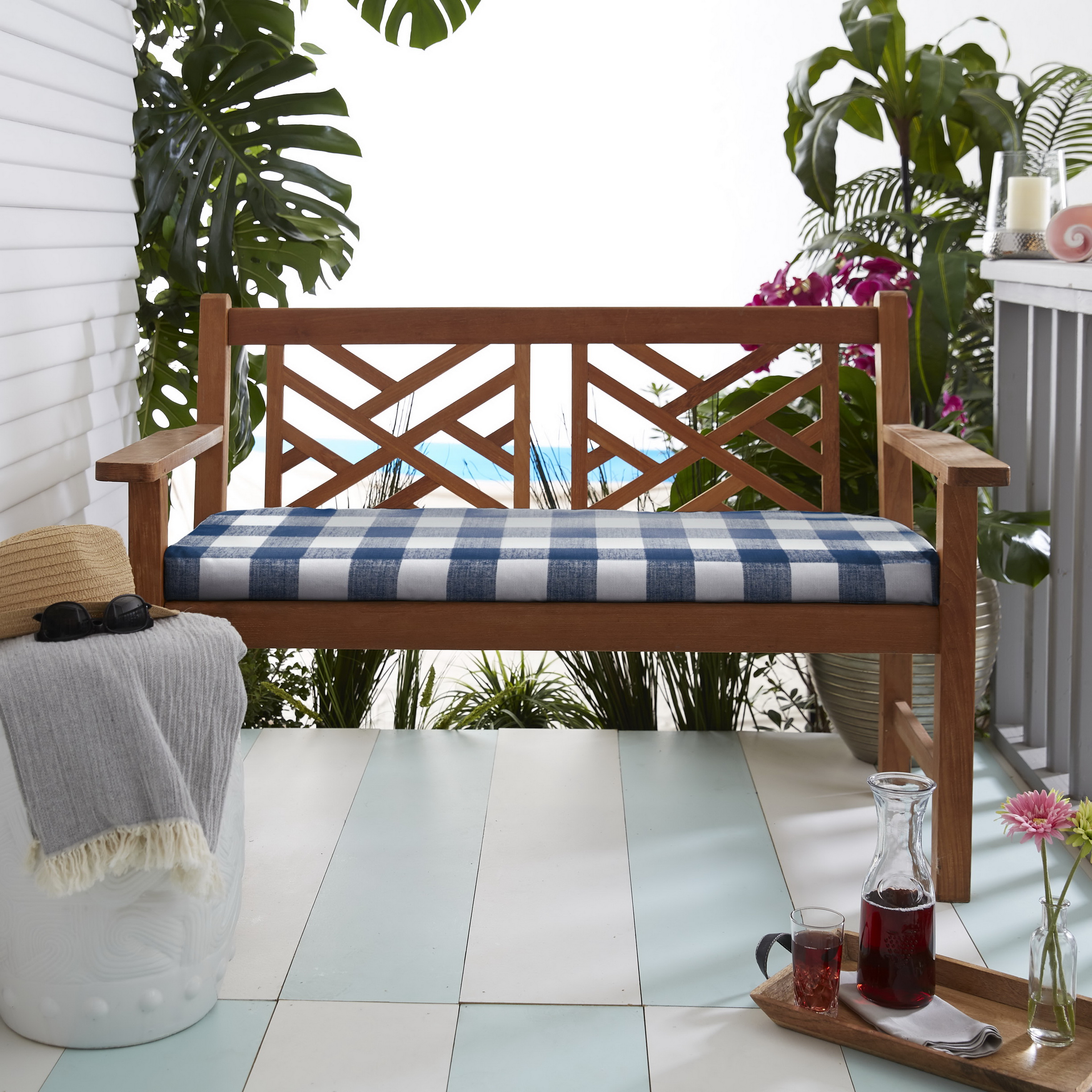 Sorra Home Dark Blue Buffalo Plaid Indoor Outdoor Bench Cushion