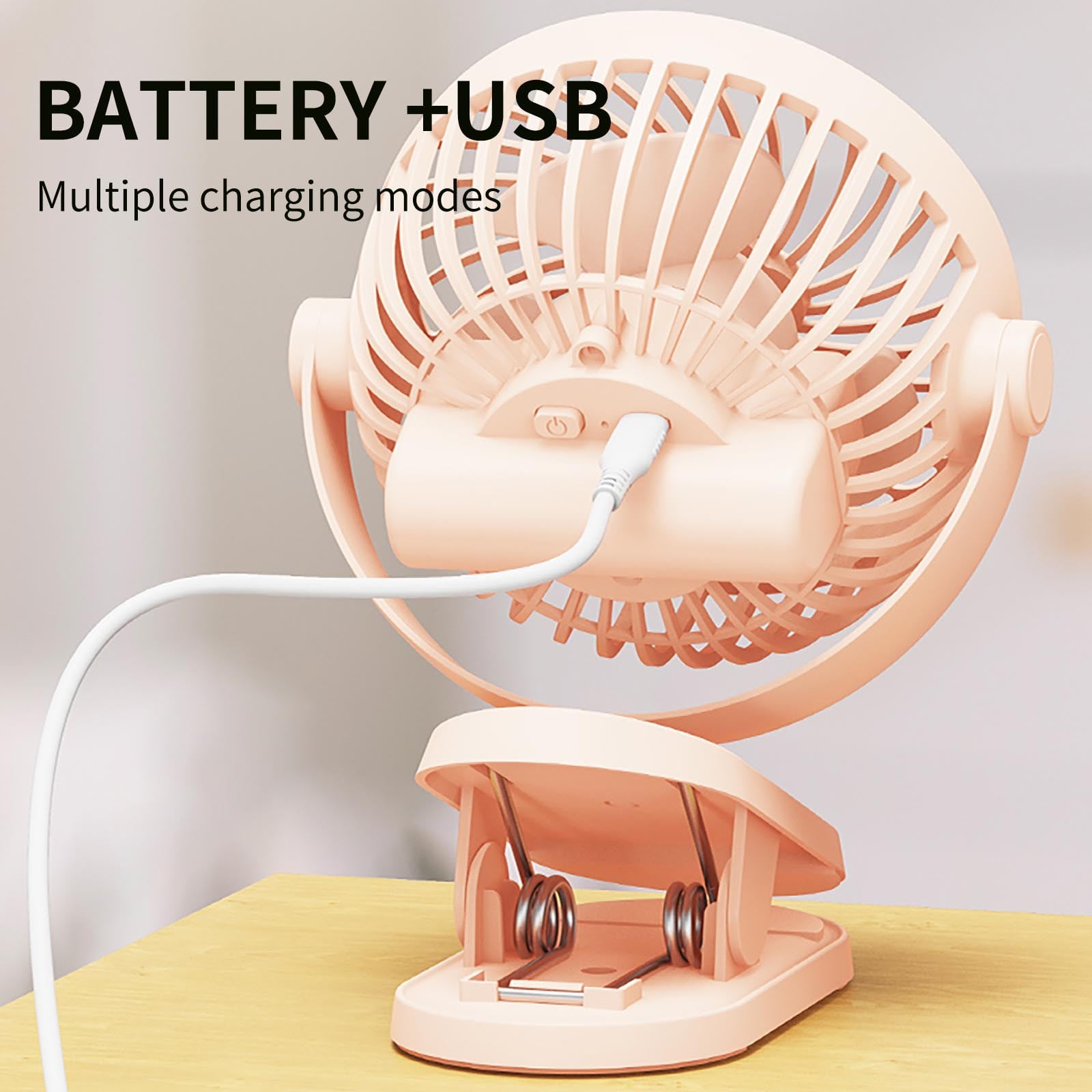 Portable Clip Fan Battery Operated, USB Rechargeable Mini Table Fan with Strong Airflow, 360°Rotation Ultra Quiet Personal Desk Fan for Home Office Bedroom Dorm Stroller Camping