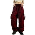 thumbnail image 5 of RYRJJ Womens Parachute Pants Wide Leg Baggy Cargo Pants Multiple Pockets Y2K Elastic Waist Jogger Sweatpants Track Pants Streetwear(Wine,XXL), 5 of 8