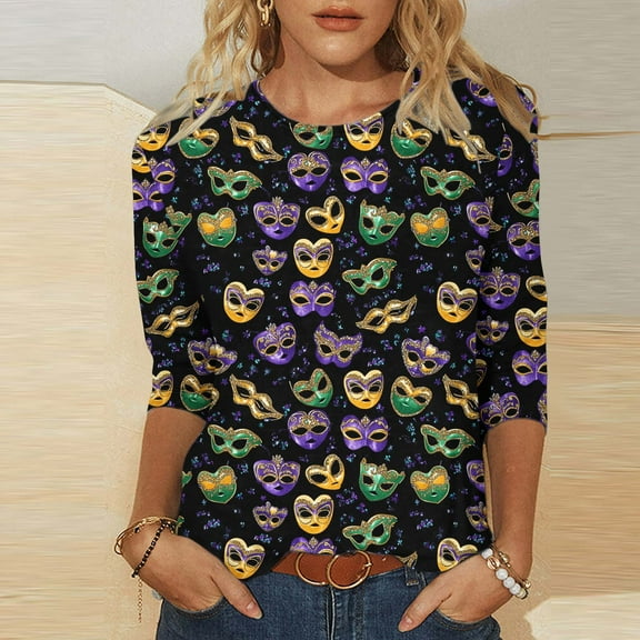 Cavosen Carnival Day Women's 3/4 Sleeve Tops Dressy Festival Mardi Gras Round Neck Blouse Mask Graphic Print Tops Holiday Stylish Shirts Loose Going out Tees Party Shrove Tuesday Purple S