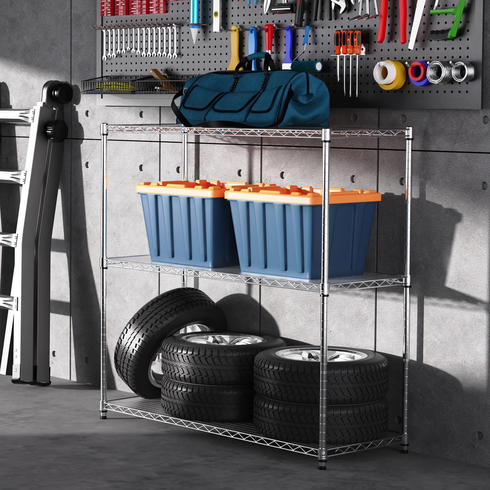 Pouseayar 3 Tier NSF Metal Shelf Wire Shelving Unit, 1050lbs Capacity Heavy Duty Adjustable Storage Rack with Shelf Liners 48" H X 48" L X 18" D