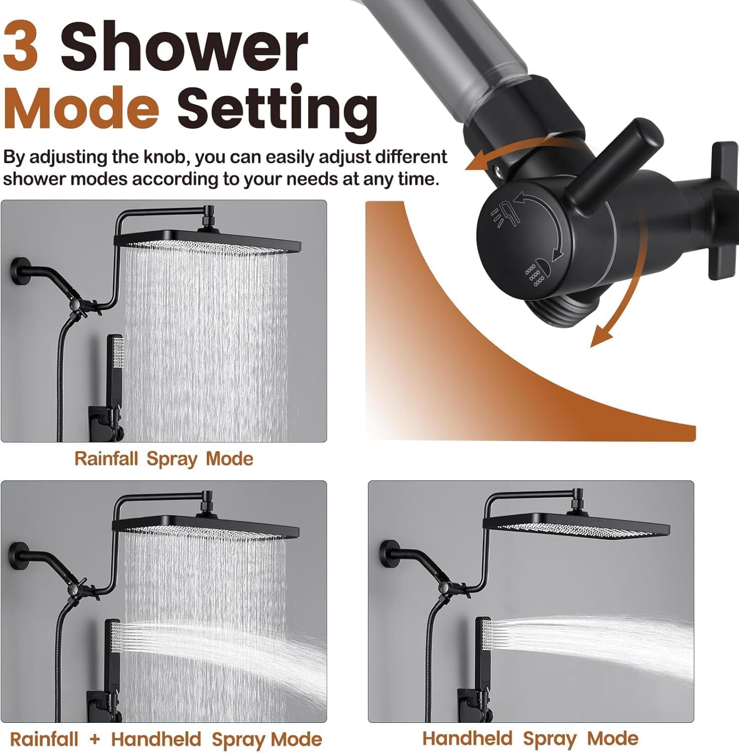 13 Inch High Pressure Rain Shower  with Handheld Spray Combo, Dual Rainfall Shower Heads, Waterfall Tandem Double Showerhead, Adjustable Extension Arm, Massage Handheld Shower - Matte Black