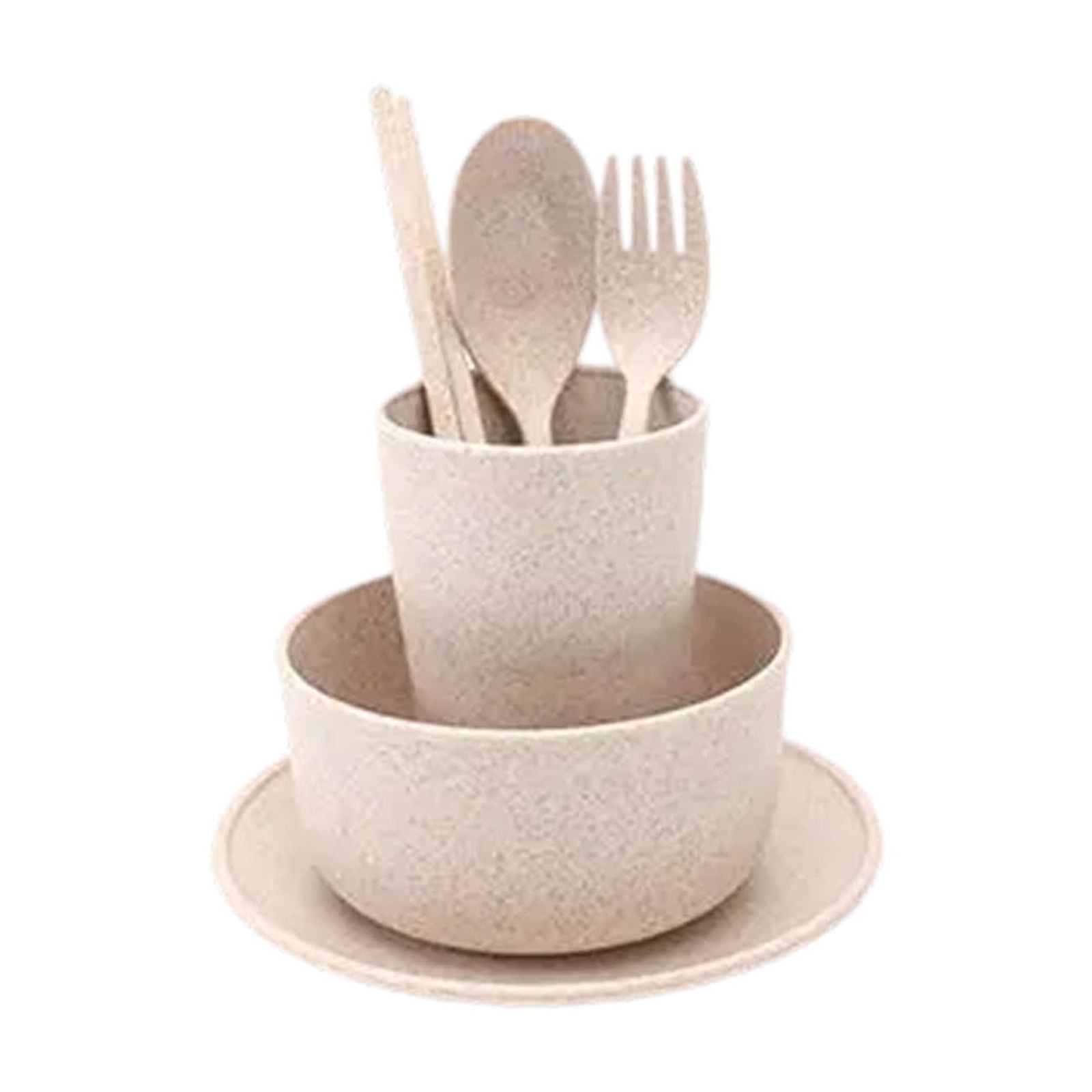 JeashCHAT 6 Pcs Plastic Dinnerware Set - Wheat Straw Plate, Cereal Bowl, Drinking Cup, Chopsticks, Spoon, Fork - Reusable Cutlery Set for Travel Camping Party, Dishwasher Safe, Beige