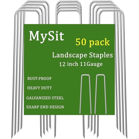 MySit 50 Pack 12 Inch Landscape Staples 11 Gauge Galvanized Steel Garden Stakes Securing Pins Ground Stakes for Weed Fabric Landscape Fabric Netting Ground Sheets and Fleece