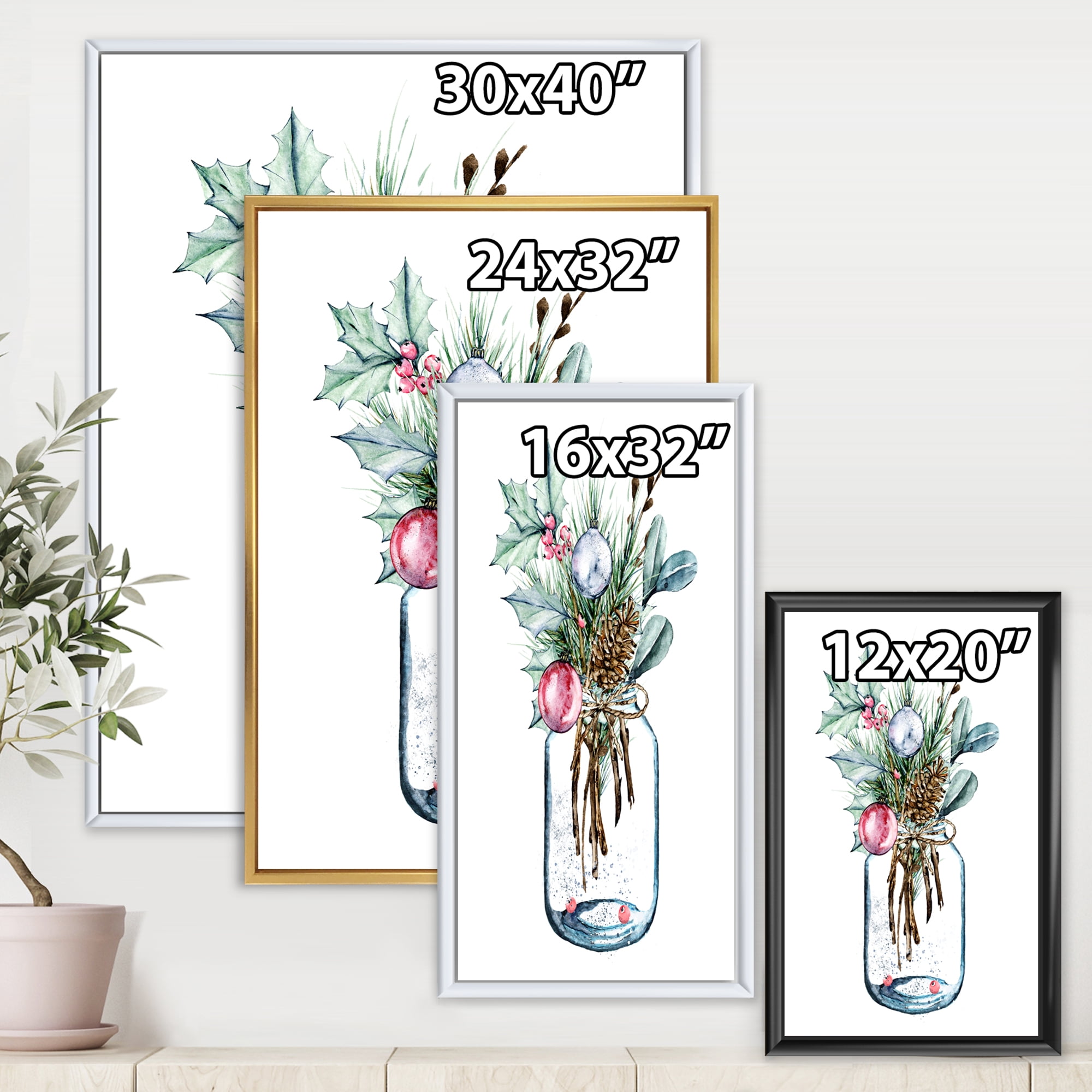 Merry Christmas Bouquet In Transparent Jar 12 in x 20 in Framed Painting Canvas Art Print, by Designart