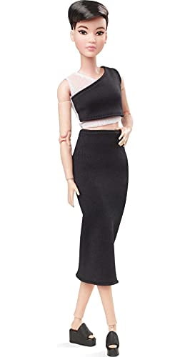 Barbie Signature Looks Doll (Petite, Brunette Pixie Cut) Fully Posable Fashion Doll Wearing Black Midi Skirt for Collectors