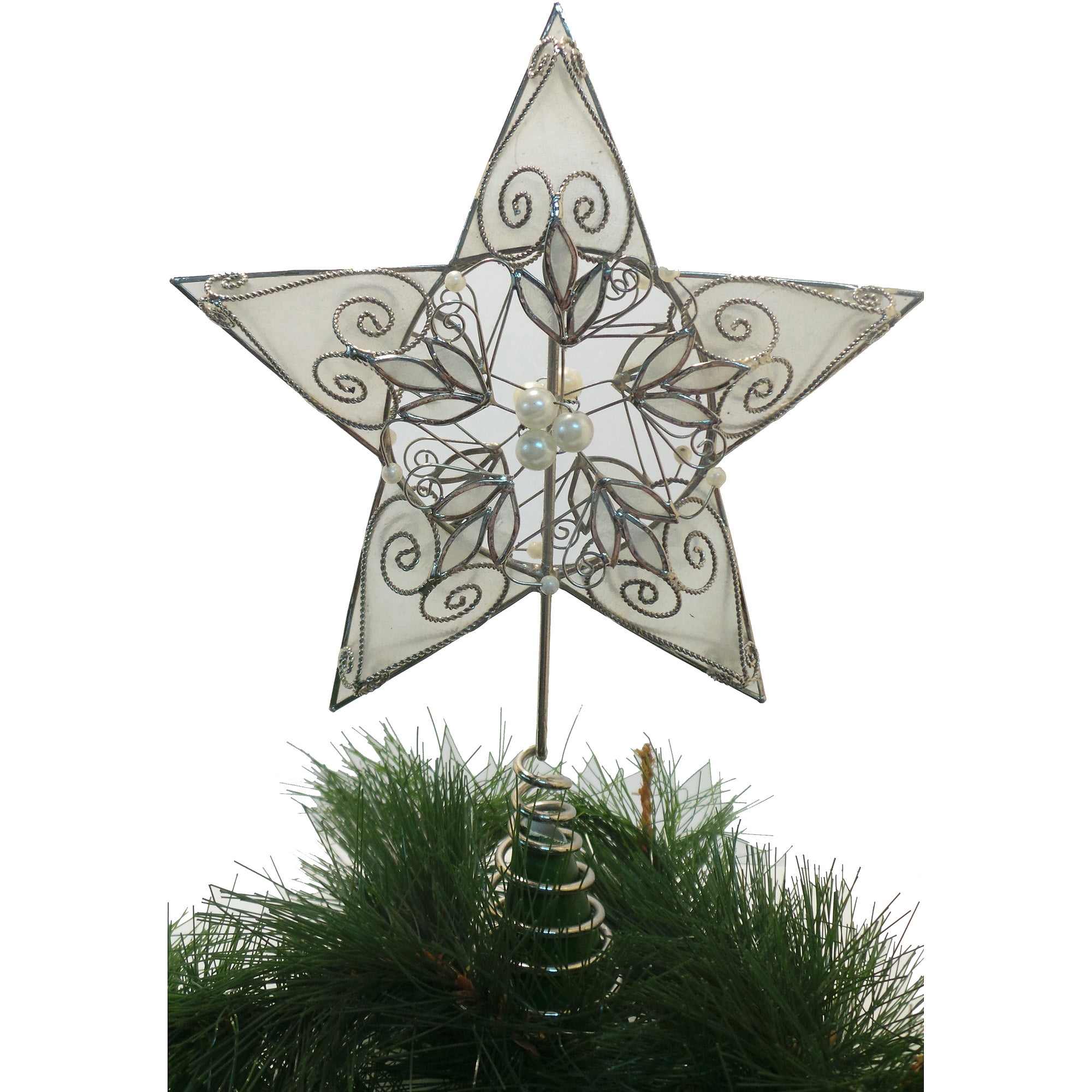 Holiday Time Capiz Silver Pearl Leafy Tree Topper