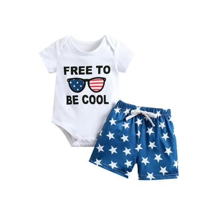 

Nokpsedcb 2Pcs Infants Baby Boys 4th of July Outfit Newborn Letter Print Short Sleeves Romper Star Print Shorts Set White Blue 0-6 Months