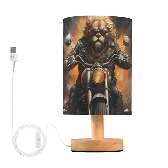 Lion Motorcycle Fire Table Lamp USB Bedside Desk Nightstand Lamp Printed Gifts Small Lamp Wood Base for Bedroom Living Room Kids Room College Dorm