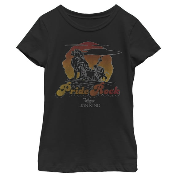 Girl's Lion King Retro Pride Rock Line Art Graphic Tee Black Large