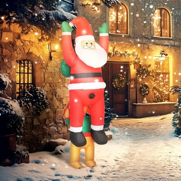 7FT Waterproof Hanging Christmas Decoration,with 2 Ground Stakes,Inflatable Santa,with Dog and 2 Tethers,Outdoor Christmas Blow Up Decorations with Built in LED Lights,for Garden,Holiday Party,Brown,