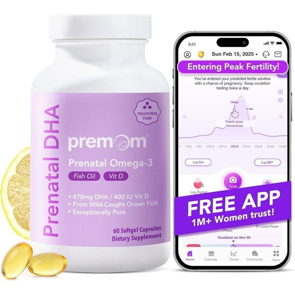 Premom Prenatal DHA Fish Oil Triglyceride Omega 3 Supplement Lemon Flavor Soy-Free 60 Count Capsules