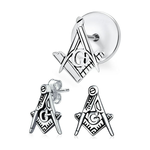 Bling Jewelry Mens Set of 2 Tiny Masonic Freemason Stud Earrings and Brooch Pin Oxidized Silver